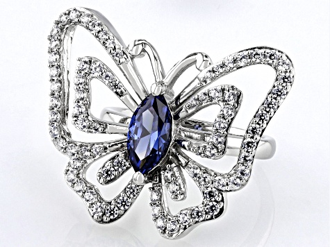 Blue And White Cubic Zirconia Rhodium Over Silver Butterfly