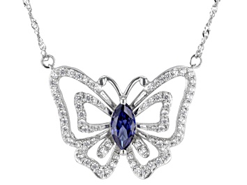 Picture of Blue And White Cubic Zirconia Rhodium Over Silver Butterfly Necklace 2.70ctw