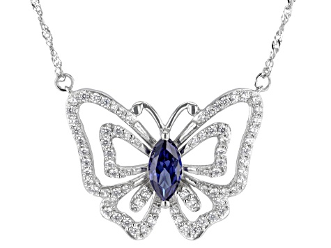 Blue And White Cubic Zirconia Rhodium Over Silver Butterfly Necklace 2.70ctw