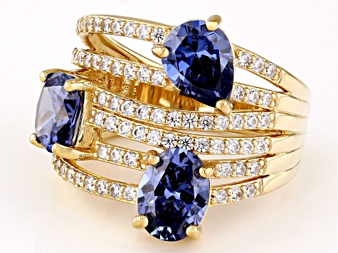 Blue And White Cubic Zirconia 18k Yellow Gold Over Sterling Silver Ring 8.21ctw