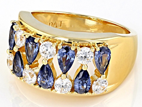 Blue And White Cubic Zirconia 18k Yellow Gold Over Sterling Silver Ring 3.16ctw