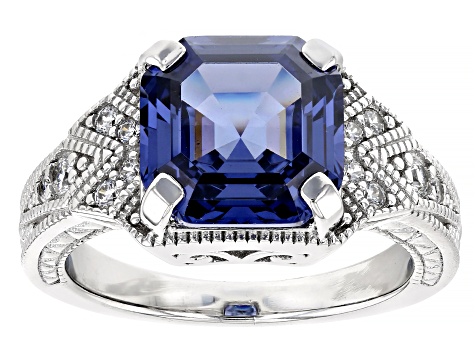 Blue And White Cubic Zirconia Platinum Over Silver Asscher Cut Ring 8.10ctw