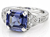 Blue And White Cubic Zirconia Platinum Over Silver Asscher Cut Ring 8.10ctw