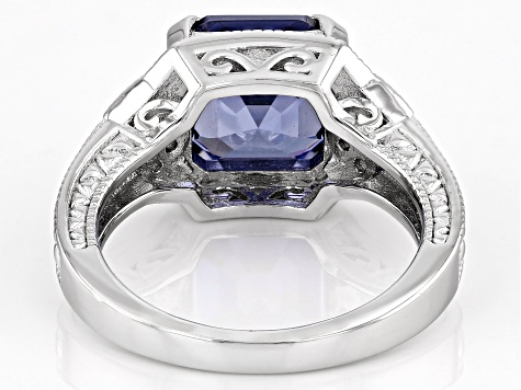 Blue And White Cubic Zirconia Platinum Over Silver Asscher Cut Ring 8.10ctw