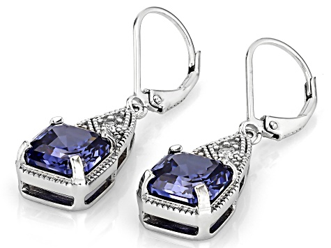 Blue And White Cubic Zirconia Platinum Over Sterling Silver Asscher Cut Earrings 8.73ctw