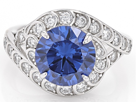 Blue And White Cubic Zirconia Rhodium Over Sterling Silver Ring 10.19ctw