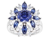 Blue And White Cubic Zirconia Rhodium Over Sterling Silver Ring 7.10ctw