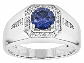 Blue And White Cubic Zirconia Rhodium Over Sterling Silver Men's Ring 1.90ctw