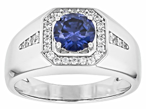 Blue And White Cubic Zirconia Rhodium Over Sterling Silver Men's Ring 1.90ctw