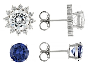 Blue And White Cubic Zirconia Rhodium Over Sterling Silver Earring Set 10.60ctw