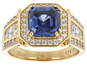 Blue And White Cubic Zirconia 18k Yellow Gold Over Sterling Silver Asscher Cut Ring 6.35ctw