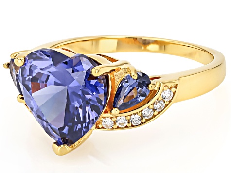 Blue And White Cubic Zirconia 18k Yellow Gold Over Sterling Silver Heart Ring 8.22ctw