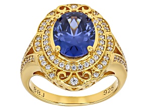 Blue And White Cubic Zirconia 18k Yellow Gold Over Sterling Silver Ring 7.03ctw
