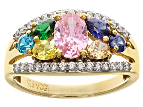 Blue, Champagne, Green, Yellow, Pink, And White Cubic Zirconia 18k Gold Over Silver Ring 2.92ctw