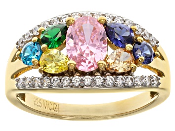 Picture of Blue, Champagne, Green, Yellow, Pink, And White Cubic Zirconia 18k Gold Over Silver Ring 2.92ctw
