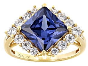 Blue And White Cubic Zirconia 18k Yellow Gold Over Sterling Silver Ring 7.42ctw