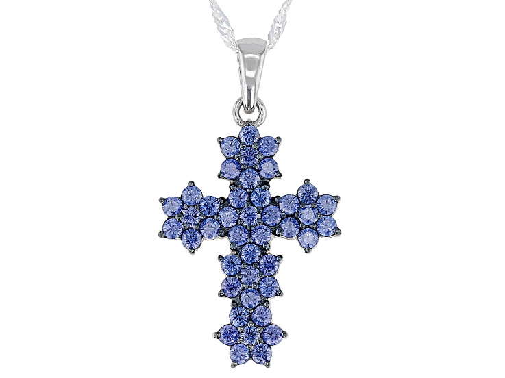 Blue Cubic Zirconia Rhodium Over Sterling Silver Cross Pendant With Chain 2.00ctw