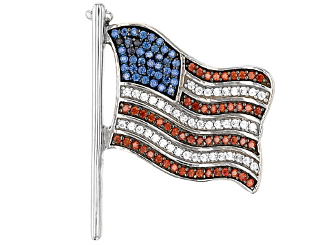 Red, White, And Blue Cubic Zirconia Rhodium Over Silver American Flag Pin Pendant 0.90ctw