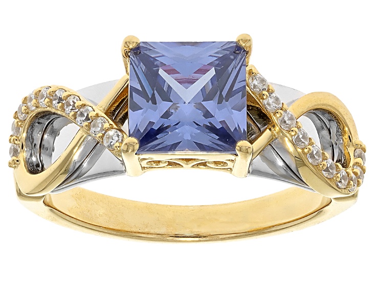 Blue And White Cubic Zirconia 18k Yellow Gold And Rhodium Over Sterling Silver Ring 3.13ctw
