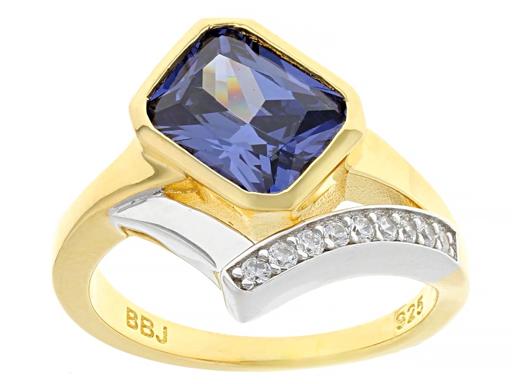 Blue And White Cubic Zirconia 18k Yellow Gold And Rhodium Over Silver Ring 4.00ctw