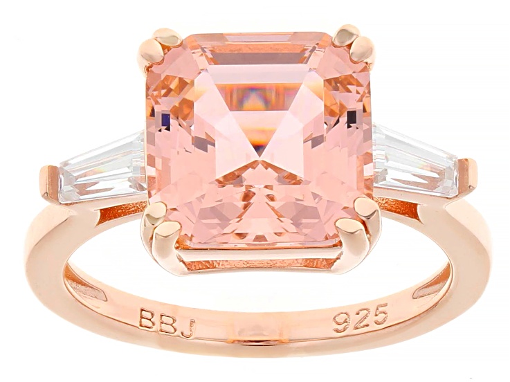 Morganite Simulant And White Cubic Zirconia 18k Rose Gold Over Silver Asscher Cut Ring 4.90ctw
