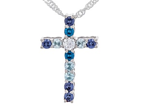 Blue And White Cubic Zirconia Rhodium Over Sterling Silver Cross Pendant 0.70ctw