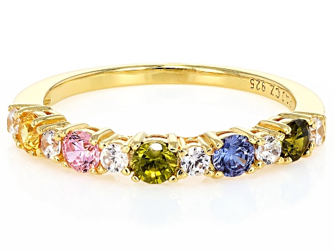 Blue, Green, Yellow, Pink, And White Cubic Zirconia 18k Yellow Gold Over Silver Ring 1.25ctw