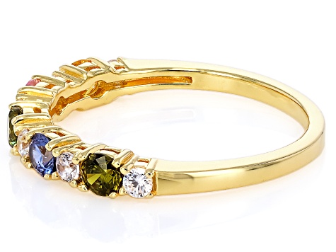 Blue, Green, Yellow, Pink, And White Cubic Zirconia 18k Yellow Gold Over Silver Ring 1.25ctw