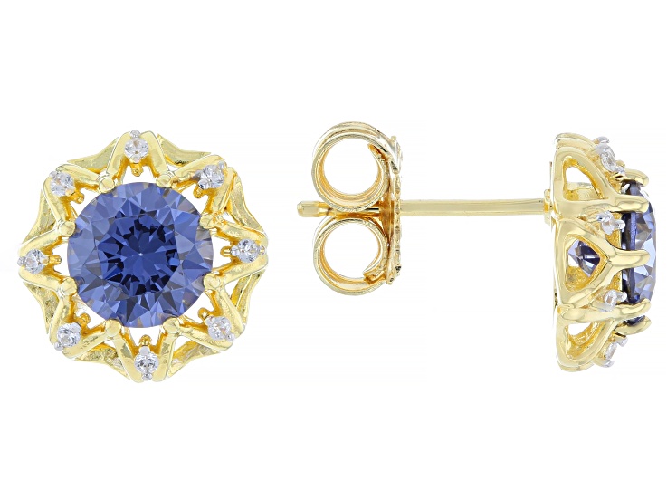 Blue And White Cubic Zirconia 18k Yellow Gold Over Sterling Silver Earrings 2.86ctw