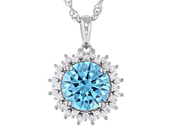 Picture of Blue And White Cubic Zirconia Rhodium Over Silver Pendant with Chain 5.22ctw