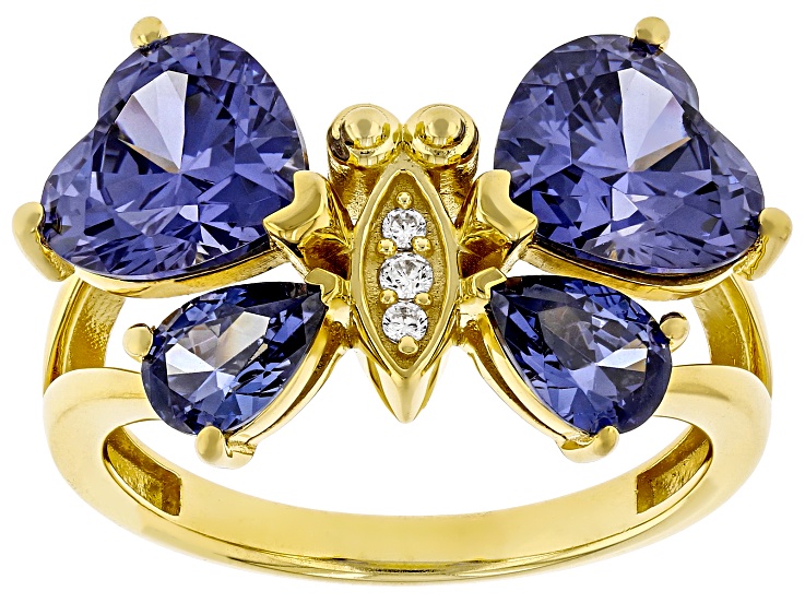 Blue And White Cubic Zirconia 18k Yellow Gold Over Sterling Silver Butterfly Ring 7.57ctw