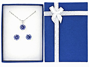 Blue Cubic Zirconia Rhodium Over Sterling Silver Pendant with Chain and Earrings 11.67ctw