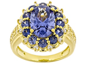 Blue And White Cubic Zirconia 18k Yellow Gold Over Sterling Silver Ring 7.55ctw