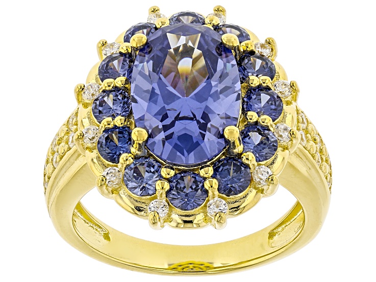 Blue And White Cubic Zirconia 18k Yellow Gold Over Sterling Silver Ring 7.55ctw