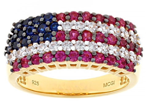 Blue, Red, And White Cubic Zirconia 18k Yellow Gold Over Sterling Silver American Flag Ring 1.73ctw