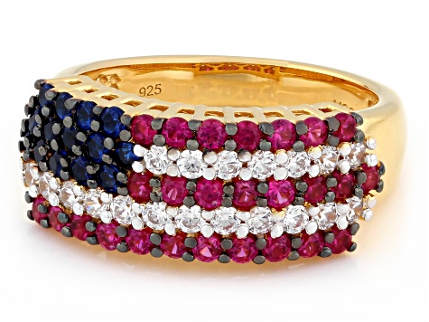 Blue, Red, And White Cubic Zirconia 18k Yellow Gold Over Sterling Silver American Flag Ring 1.73ctw