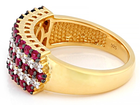 Blue, Red, And White Cubic Zirconia 18k Yellow Gold Over Sterling Silver American Flag Ring 1.73ctw