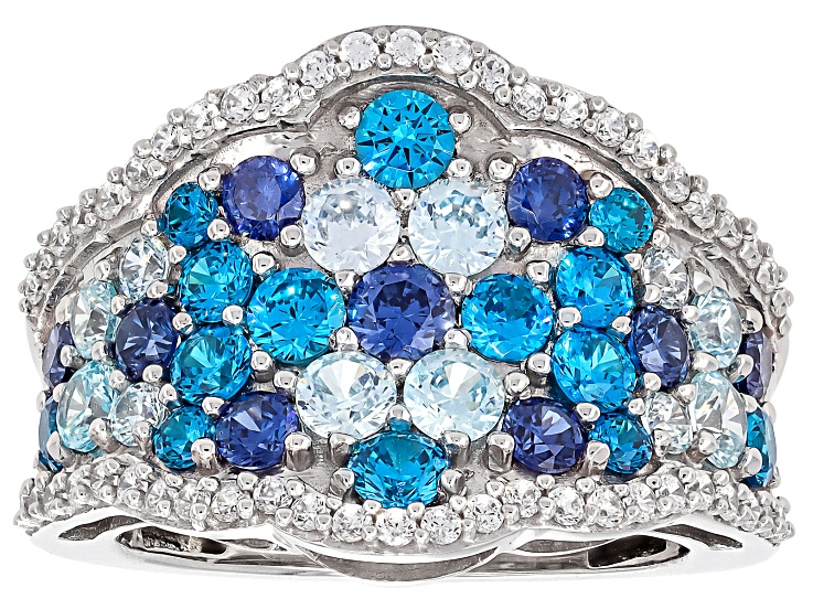 Blue And White Cubic Zirconia Rhodium Over Sterling Silver Ring 3.70ctw