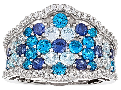 Blue And White Cubic Zirconia Rhodium Over Sterling Silver Ring 3.70ctw