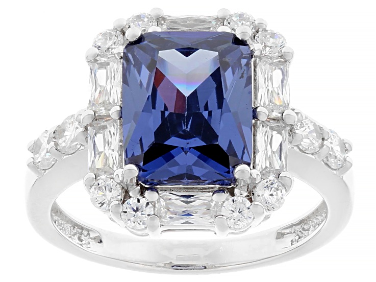 Blue And White Cubic Zirconia Rhodium Over Sterling Silver Ring 7.52ctw