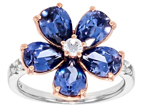 Blue And White Cubic Zirconia Rhodium And 18k Rose Gold Over Silver Flower Ring 6.59ctw
