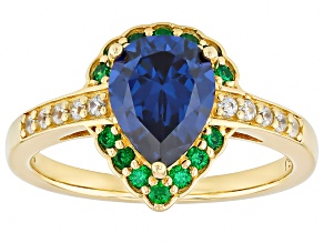 Blue, Green, And White Cubic Zirconia 18k Yellow Gold Over Sterling Silver Ring 3.24ctw