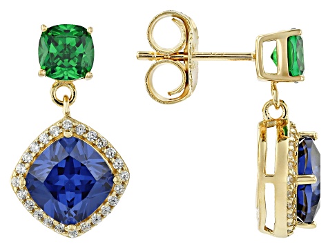Blue, Green, And White Cubic Zirconia 18k Yellow Gold Over Sterling Silver Earrings 3.88ctw