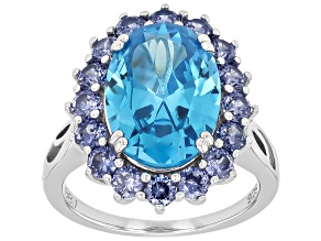 Blue Cubic Zirconia Rhodium Over Sterling Silver Ring 12.07ctw
