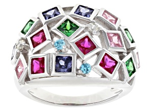 Lab Created Ruby And Multi Color Cubic Zirconia Rhodium Over Sterling Silver Ring 2.68ctw