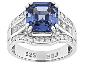 Blue And White Cubic Zirconia Rhodium Over Sterling Silver Asscher Cut Ring 5.70ctw
