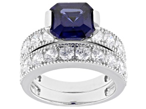 Blue and White Cubic Zirconia Rhodium Over Sterling Silver Set of 2 Ring 9.60Ctw