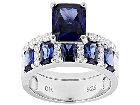 Blue and White Cubic Zirconia Platinum Over Sterling Silver Set of 2 Ring 6.61Ctw