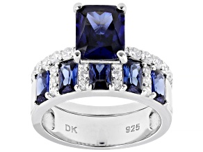 Blue and White Cubic Zirconia Platinum Over Sterling Silver Set of 2 Ring 6.61Ctw