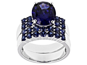 Blue Cubic Zirconia Rhodium Over Sterling Silver Set of 2 Ring 7.70Ctw